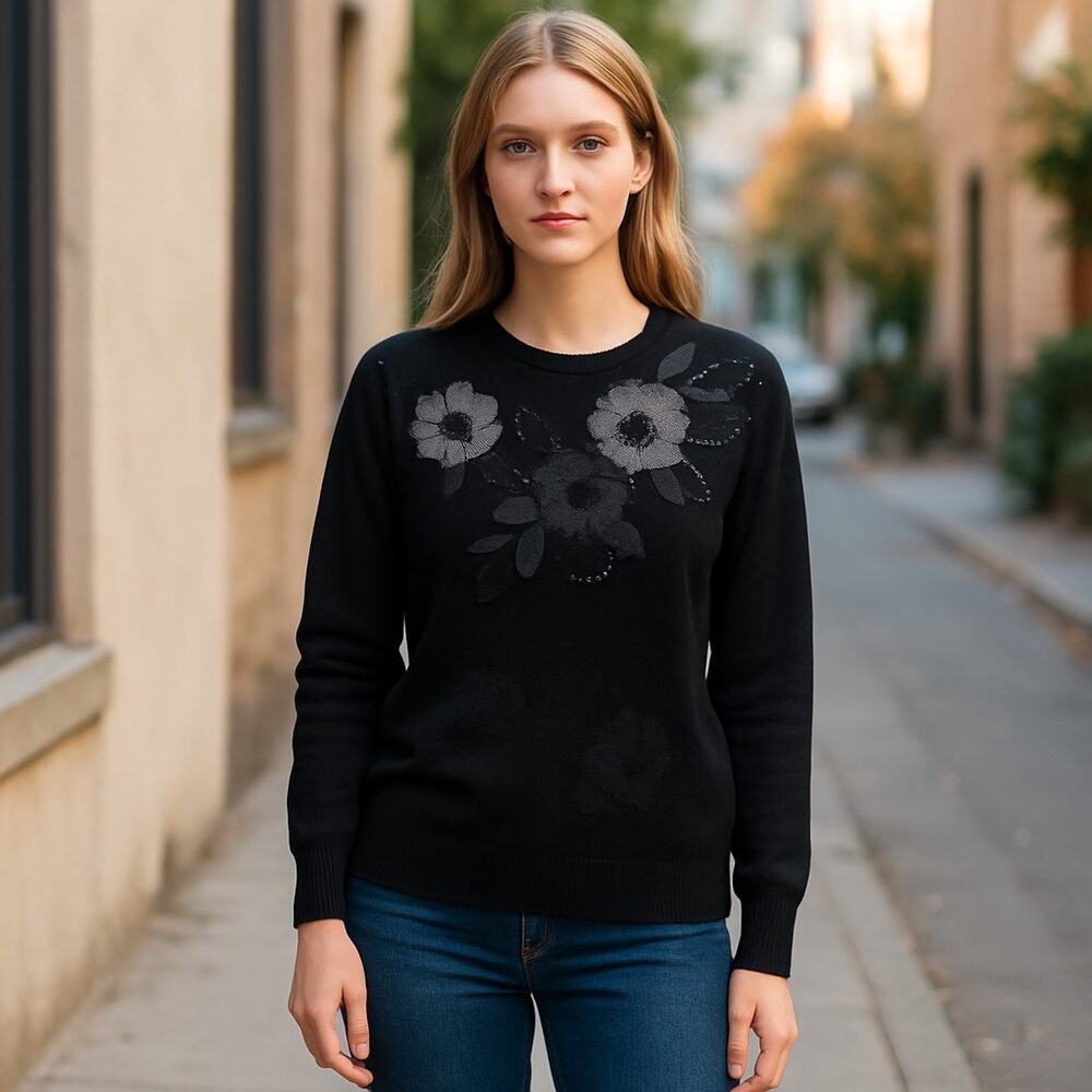 VTG D.G. Black Lambswool Angora Sweater Beaded Embroidered Hong Kong Sz M L
